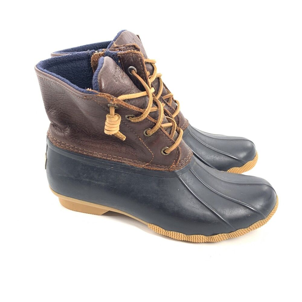 $120 Sperry Saltwater Leather Duck Boots Size 7.5 Womens Brown Blue Waterproof